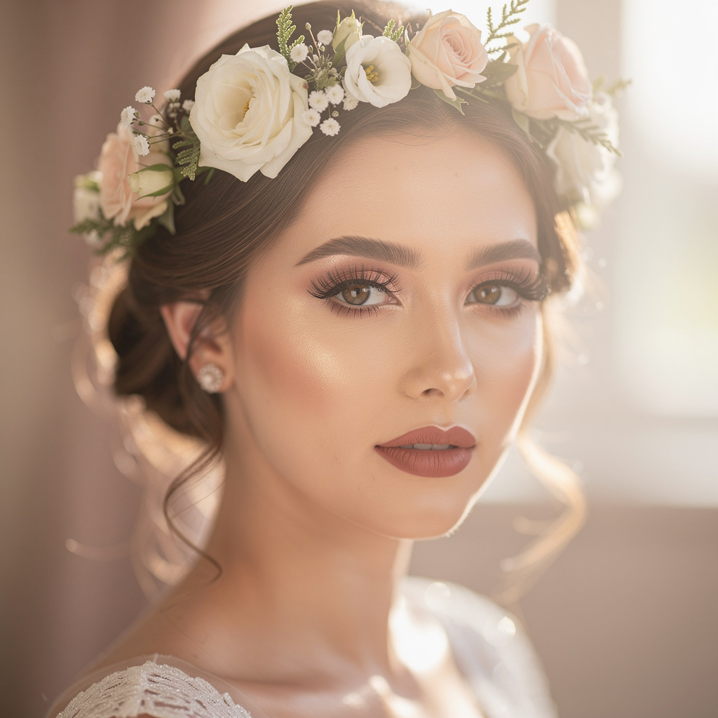 Maquiagem para noiva com coroa de flores